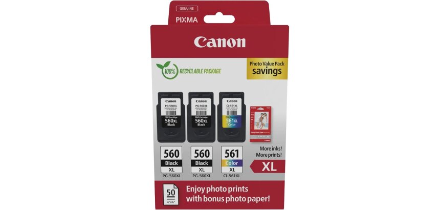 Canon photo value pack 2 x PG-560XL + 1 x CL-561XL, 300 - 400 pagina's, OEM 3712C012, 4 kleuren