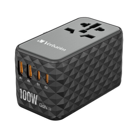 Adaptateur universel de voyage Verbatim UTA-06 GaN III avec 2 ports USB-C PD 100 W et QC 4+ et 2 ports USB-A QC 3.0