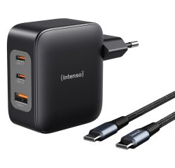 Intenso W100ACC+C520C, Ensemble adaptateur secteur + câble de charge, 100 W, charge rapide, technologie GaN, charge simultanée de 3 appareils, noir