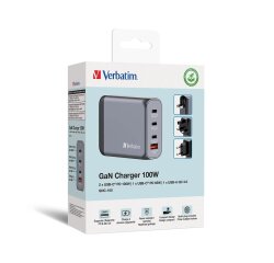 Verbatim GNC-100 GaN Charger 100W with 2 x USB-C PD 100W / 1 x USB-C PD 65W / 1 x USB-A QC 3.0 (EU/UK/US)