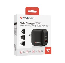 Verbatim Mini GaN Charger 70W 3 Port US plug with EU and UK adaptors