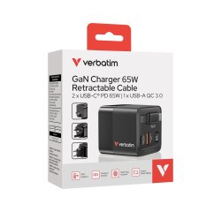 Verbatim GaN Charger 65W 2 Port retractable cable display US plugs with EU and UK adaptors
