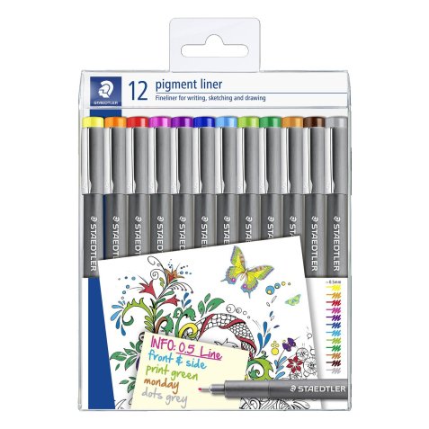 Stylo-feutre staedtler pigment liner 308 pointe      calibr e baguee metal  0,5mm  coloris assorties. etui de 12