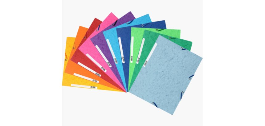 Chemise exacompta carte lustrée 5/10e 400g 3 rabats et élastique a4 format 240x320mm coloris vifs assortis 10 unités