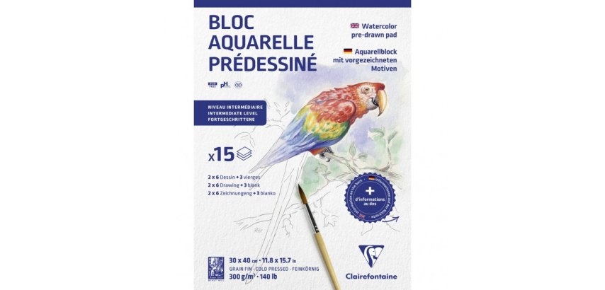 Aquarelle Prédessiné Animaux bloc collé 15F 30x40cm 300g