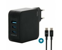 Mobilis Charger 100W 2USB C 1USBA GaN cable 100W Ordinateur portable, Smartphone, Tablette Noir Secteur Intérieure