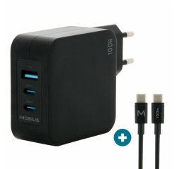 Mobilis Charger 100W 2USB C 1USBA GaN cable 100W Portátil, Smartphone, Tableta Negro Corriente alterna Interior