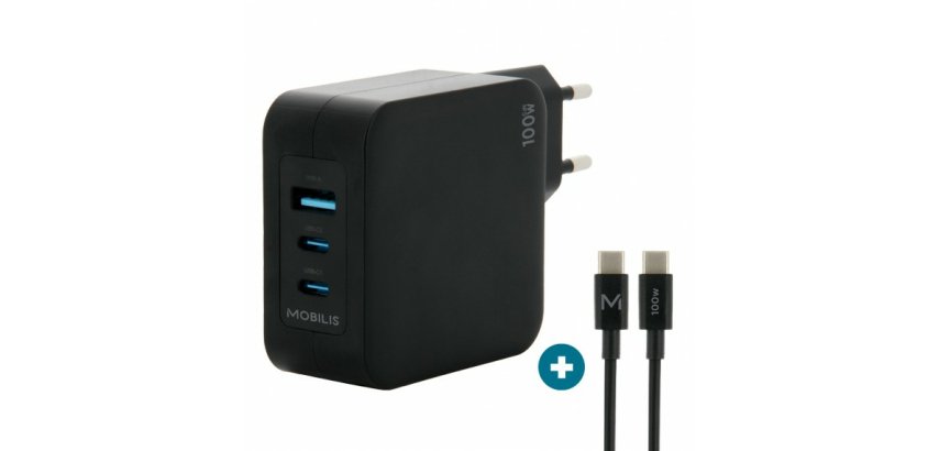 Mobilis Charger 100W 2USB C 1USBA GaN cable 100W Portátil, Smartphone, Tableta Negro Corriente alterna Interior
