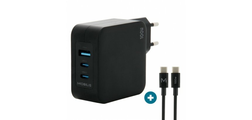 Mobilis Charger 100W 2USB C 1USBA GaN cable 100W Ordinateur portable, Smartphone, Tablette Noir Secteur Intérieure