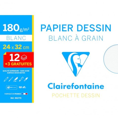 Papier dessin clairefontaine à grain 180g 24x32cm pochette de 15u lot 30 pochettes