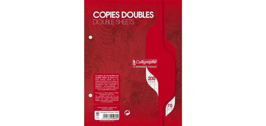 Copies doubles sous film 7000 17x22 cm 200 pages perforées 2 trous grands carreaux 70 g