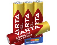Varta Longlife Max Power, Batteria Alcalina, AAA, Micro, LR03, 1.5V, Blister da 4, Made in Germany