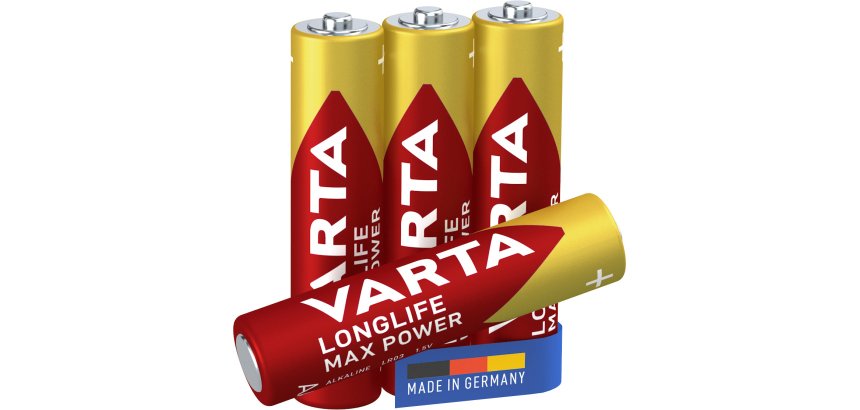 Varta Longlife Max Power, Batteria Alcalina, AAA, Micro, LR03, 1.5V, Blister da 4, Made in Germany