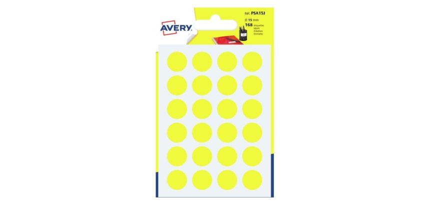 Etichette adesive tonde PSA - in carta - permanenti - diametro 15 mm - 24 et/fg - 7 fogli - giallo - Avery