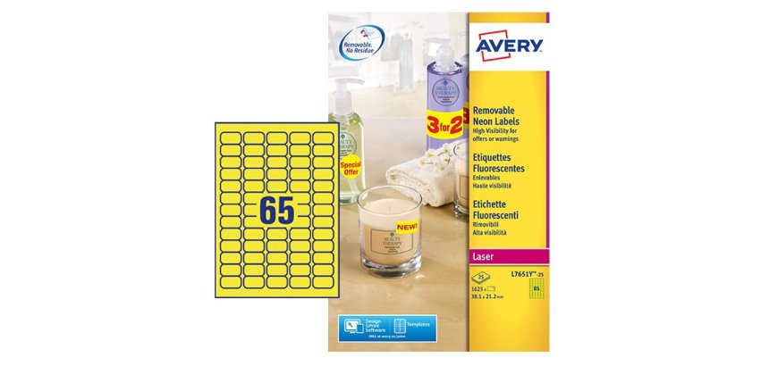 Etiquette avery fluorescente laser jaune 38,1 x 21,2mm     boite de 1625