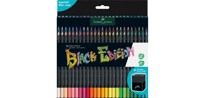 Crayon couleur faber-castell black edition bois noir       triangulaire ergonomique mine super soft boite 50 unites