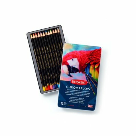 Boîte métal ''CHROMAFLOW'' de 12 crayons de couleur. Application lisse et veloutée. Mine de 3,5