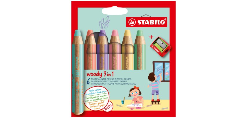Crayon multi-talents woody 3 en 1, étui de 6 Pastel