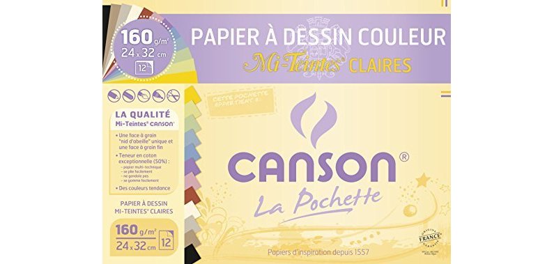 Papier dessin canson mi-teintes claires 160g a4+ coloris assortis pochette 12f