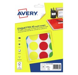 Etiquette avery multi-usages diam. 30 mm impression laser  / jet d'encre / copieur       coloris assortis 168 unites