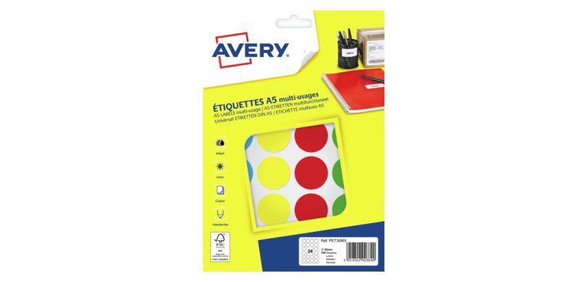 Etiquette avery multi-usages diam. 30 mm impression laser  / jet d'encre / copieur       coloris assortis 168 unites