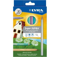 Etui crayons de couleur super ferby lyra forme triangulaire bois 12cm mine 6mm 12 unites  coloris metalliques assortis