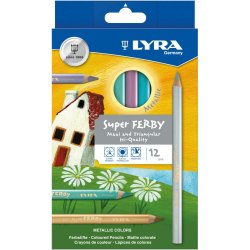 Etui crayons de couleur super ferby lyra forme triangulaire bois 12cm mine 6mm 12 unites  coloris metalliques assortis