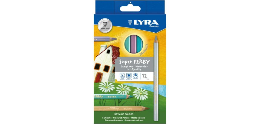 Etui crayons de couleur super ferby lyra forme triangulaire bois 12cm mine 6mm 12 unites  coloris metalliques assortis