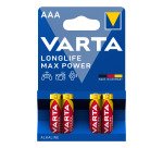 Varta Longlife Max Power, Batteria Alcalina, AAA, Micro, LR03, 1.5V, Blister da 4, Made in Germany