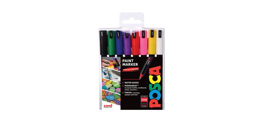 Marqueur posca pointe calibrée extra-fine coloris métallisés blanc noir or argent bleu vert rouge et rose 8 unités