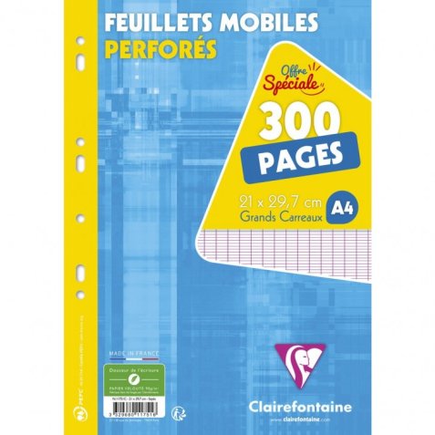 Feuillets mobiles sous film A4 300 pages perforées grands carreaux - Blanc