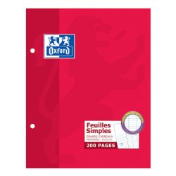 Feuilles simples Oxford 17x22cm grands carreaux seyès 200 pages étui carte rouge
