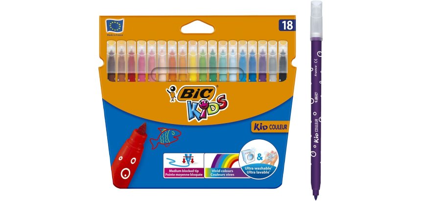 Feutre bic kids coloriage encre ultra-lavable capuchon ventilé pointe bloquée décor fantaisie pochette 18 unités