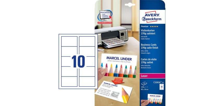 Cartes de visite Quick&Clean, 270 g/m2, satin blanc