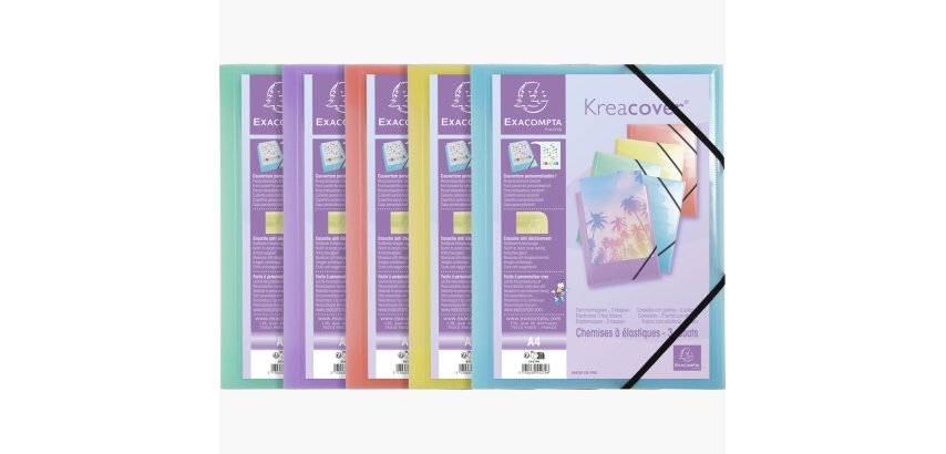 Chemise à élastiques 3 rabats polypropylène Kreacover Pastel - A4 - Couleurs assorties