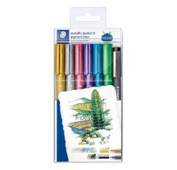 Marqueurs staedtler metallic markers coloris assortis etui de 6 + 1 feutre pigment liner c2-9 offert