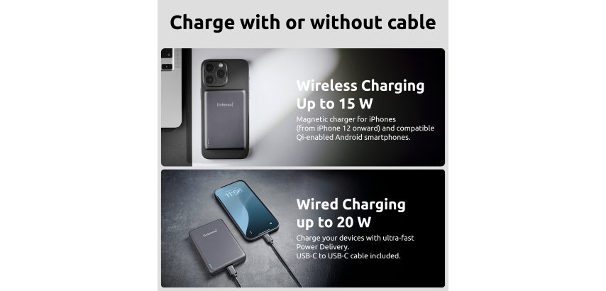 Intenso MW10000 Magnetic Power Bank 10000 mAh – MagSafe Compatible, 15W Wireless Charging, 20W USB-C PD, For iPhone & Android – Tested in Germany – Grey