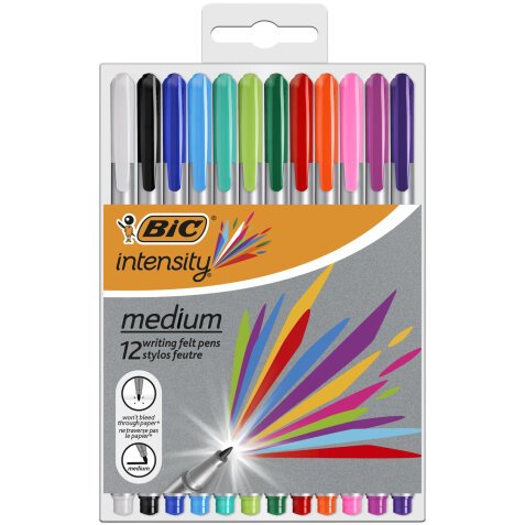 Intensity Stylo Feutre d'écriture Pointe Medium et Corps métallisé - Assortis, Pochette de 12