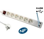 DLH Multiprise secteur (NF) avec interrupteur - 6 prises et 2 ports USB