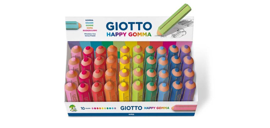 Giotto Happy Gomma gomma per cancellare Blu, Corallo, Fucsia, Verde, Lillà, Lime, Arancione, Rosa, Turchese, Giallo 40 pz