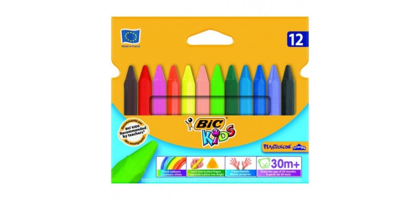 Crayon cire bic kids plastidécor triangle gros 90mm diamètre 12mm résistant non salissant étui carton 12 unités