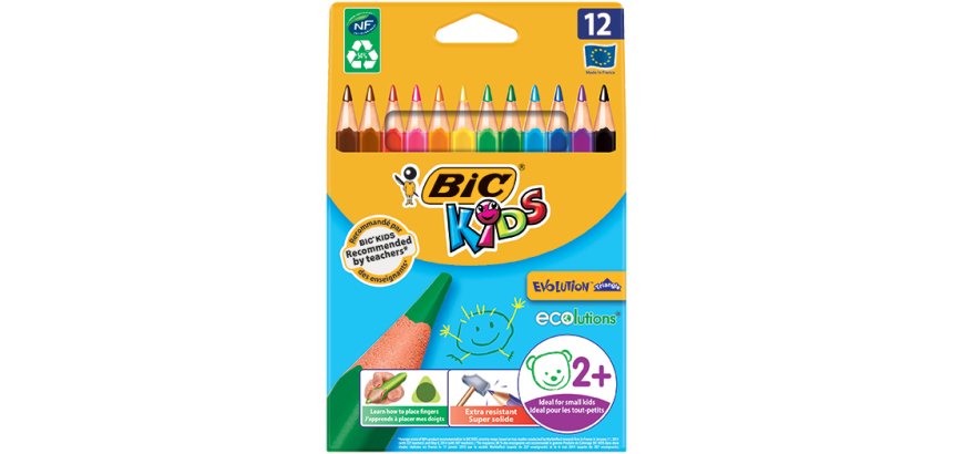 Crayon couleur bic kids evolution résine synthèse 140mm triangle gros module résiste mordillage étui carton 12 unités
