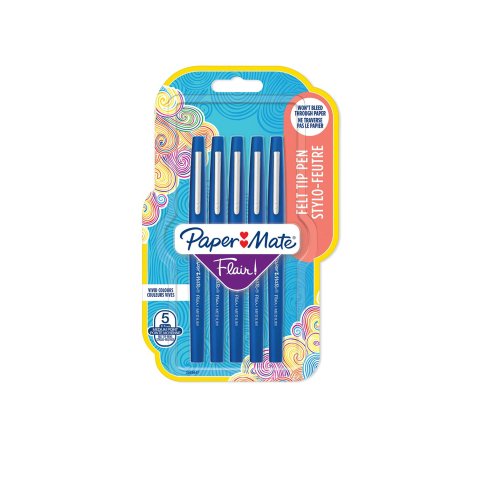 Feutre ecriture paper mate flair original pointe moyenne 0,7mm encres bleu blister 5   couleurs