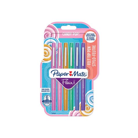 Blister de 6 stylos feutres Flair Candy Pop. Framboise, Fraise, Caramel, Vert, Bleu, Raisin