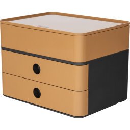 Boîte rangement SMART-BOX ALLISON 2 tiroirs + 1 boîte à ustensiles Dim (lxhxp) : 26x19x19,5cm caramel