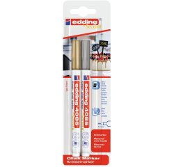 Marqueur edding craie liquide 4085 pointe ogive fine        largeur de trait 1/2mm        coloris or/argent blister de 2