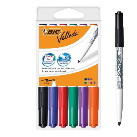 Marqueur bic velleda 1741 effaçable pointe ogive tracé 2mm encre cétone format stylo grande longévité pochette 6 unités