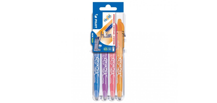 Porte-stylos et 4 stylos-bille pilot frixion ball clicker set2go pointe moyenne 0.7mm orange/turquoise/mauve/corail