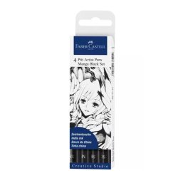 Feutre faber-castell pitt artiste pen manga pointe      pinceau encre chine pigmentee coloris noir boite 4 unites