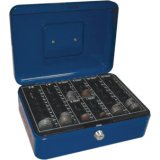 Caisse monnaie q-connect structure acier 0.8mm épaisseur plateau amovible espace billets 250x180x90mm coloris bleu